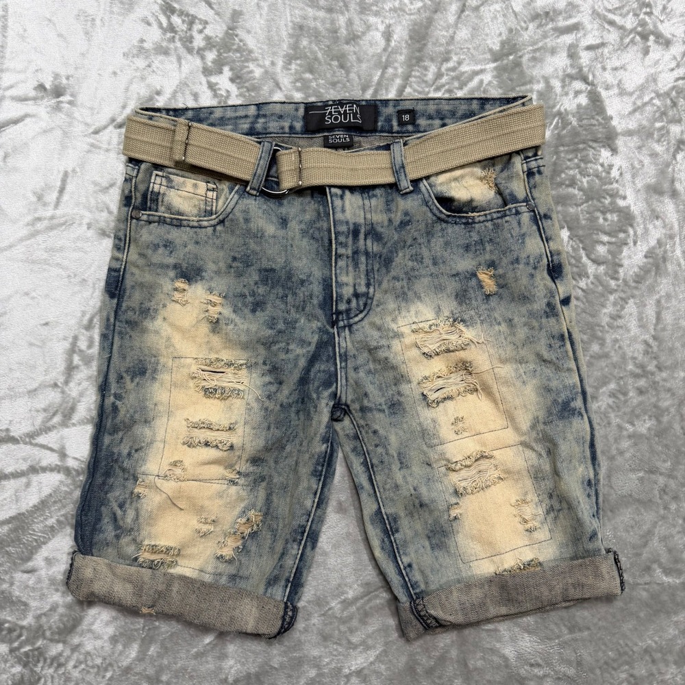 SEVEN SOULS Mens Distressed Acid Wash Denim Shorts‎ with Belt Size 18 XXL
